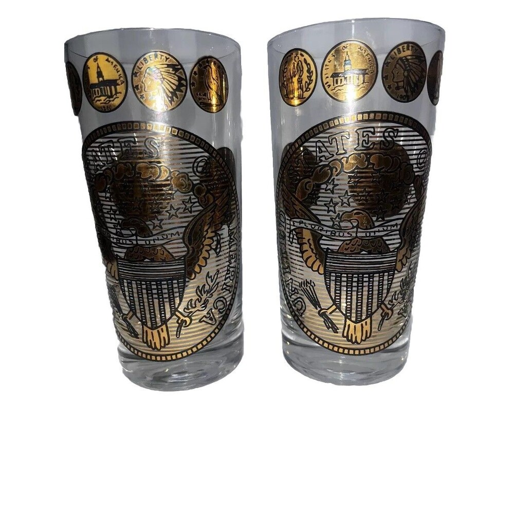Vintage MCM Gold & Black Coin & Eagle Federal Water Glasses Set of (2) 14oz